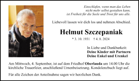 Traueranzeige von Helmut Szczepaniak von Fränkische Nachrichten