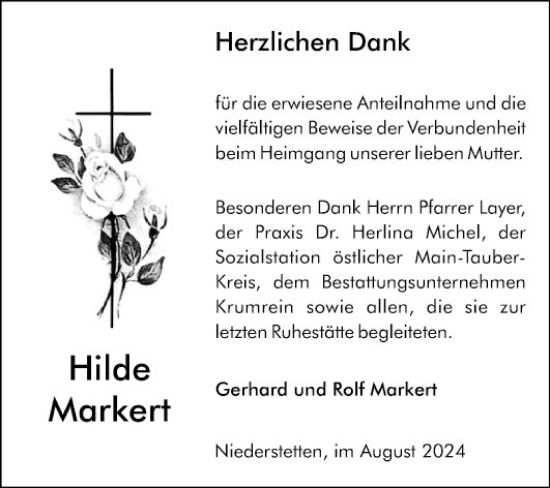 Traueranzeige von Hilde Markert von Fränkische Nachrichten