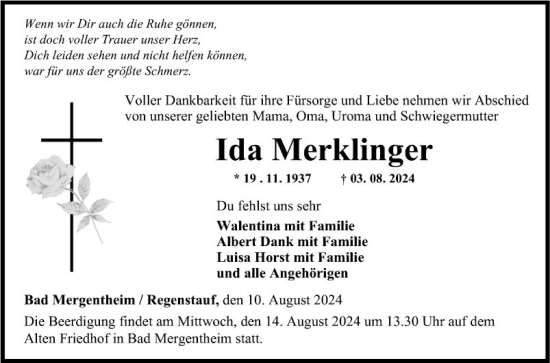 Traueranzeige von Ida Merklinger von Fränkische Nachrichten