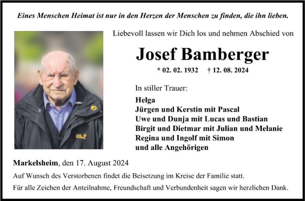  Traueranzeige für Josef Bamberger vom 17.08.2024 aus Fränkische Nachrichten