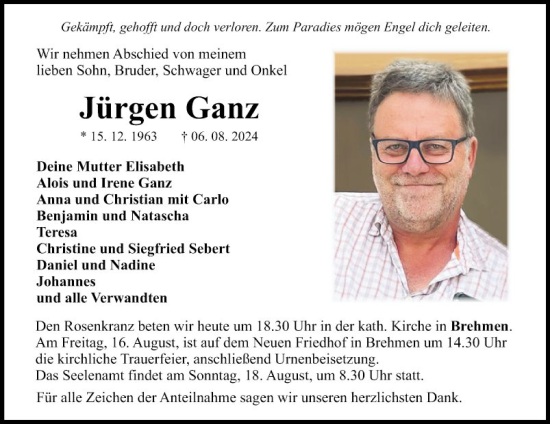 Traueranzeige von Jürgen Ganz von Fränkische Nachrichten