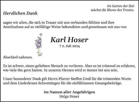 Traueranzeige von Karl Hoser von Schwetzinger Zeitung