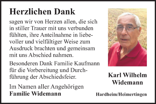 Traueranzeige von Karl Wilhelm Widemann von Fränkische Nachrichten