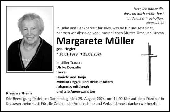 Traueranzeige von Margarete Müller von Fränkische Nachrichten