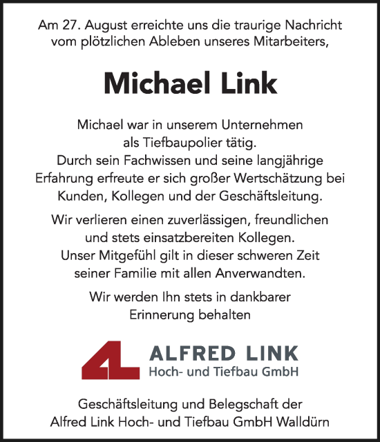 Traueranzeige von Michael Link von Fränkische Nachrichten