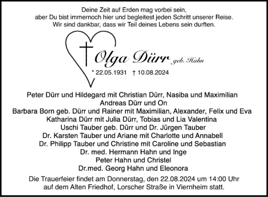 Traueranzeige von Olga Dürr von Mannheimer Morgen
