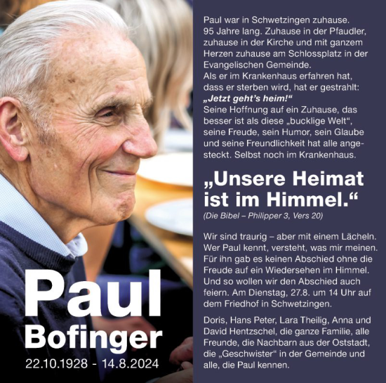 Traueranzeige von Paul Bofinger von Schwetzinger Zeitung