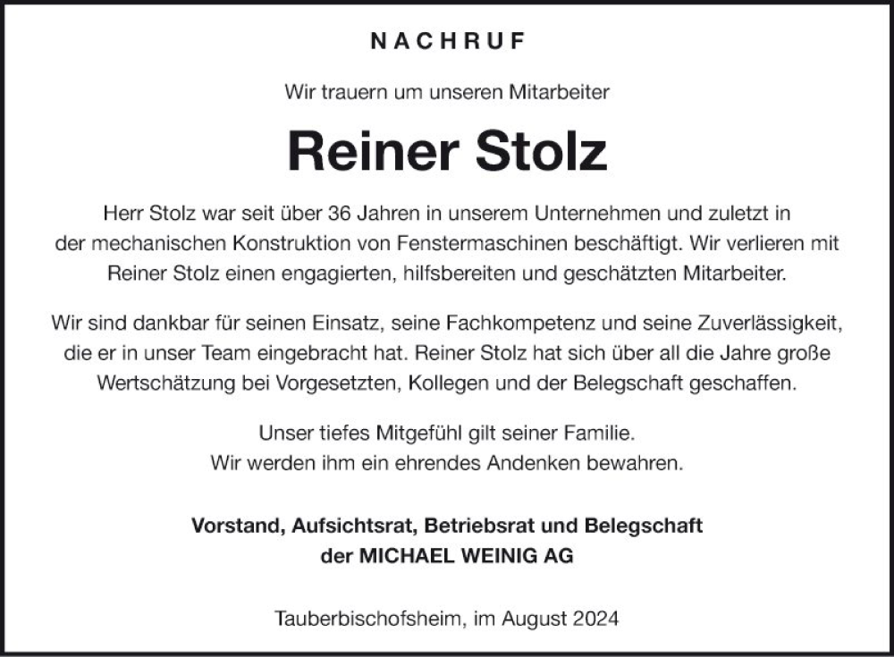  Traueranzeige für Reiner Stolz vom 22.08.2024 aus Fränkische Nachrichten