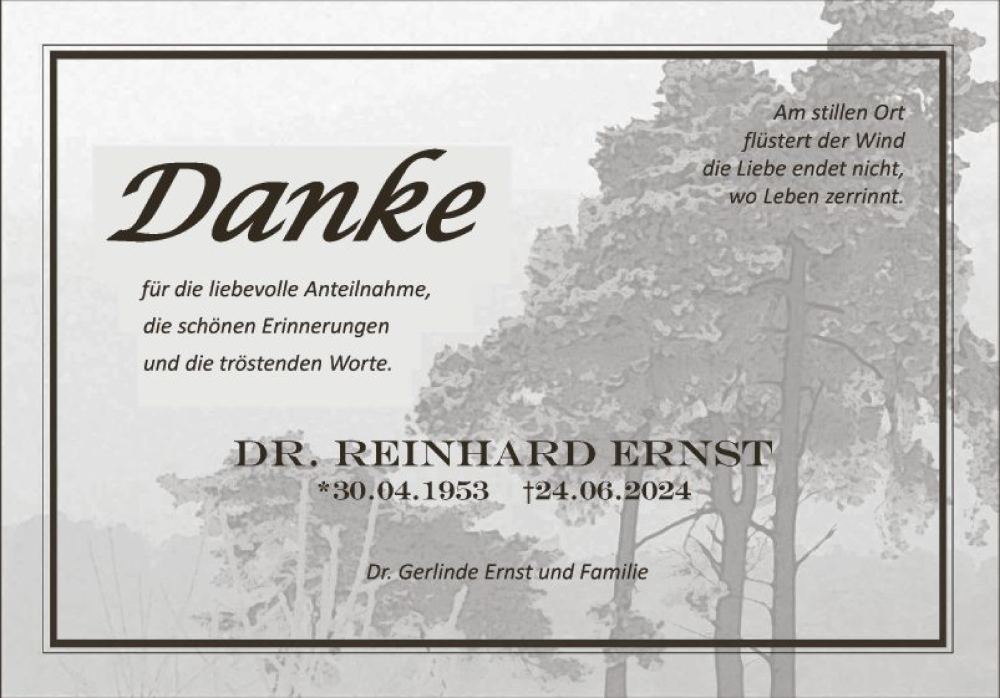  Traueranzeige für Reinhard Ernst vom 03.08.2024 aus Fränkische Nachrichten