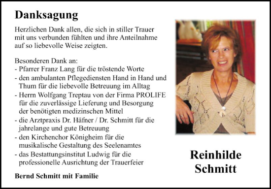 Traueranzeige von Reinhilde Schmitt von Fränkische Nachrichten