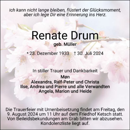 Traueranzeige von Renate Drum von Schwetzinger Zeitung