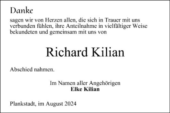 Traueranzeige von Richard Kilian von Schwetzinger Zeitung