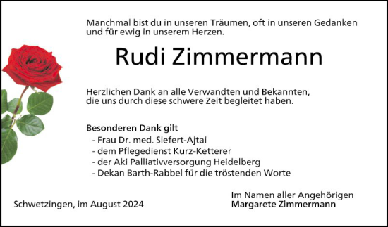 Traueranzeige von Rudi Zimmermann von Schwetzinger Zeitung