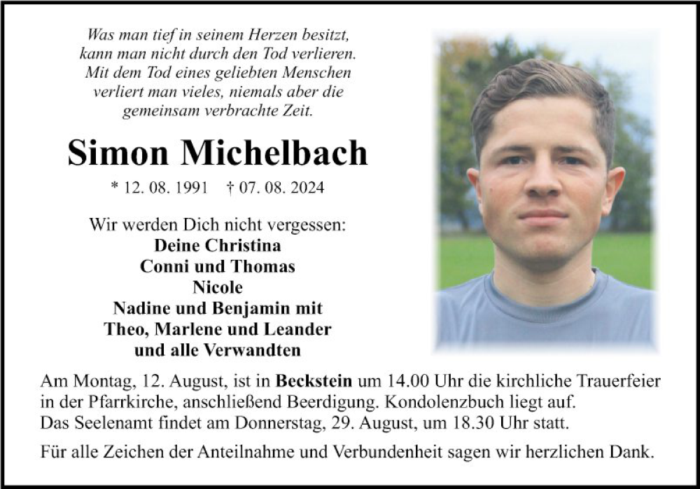  Traueranzeige für Simon Michelbach vom 09.08.2024 aus Fränkische Nachrichten