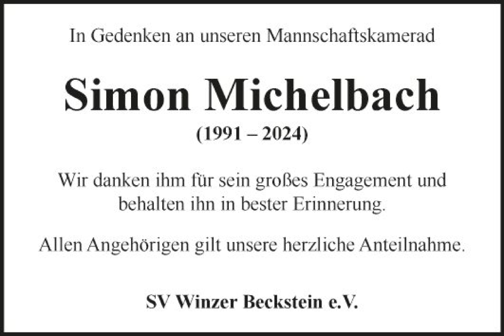  Traueranzeige für Simon Michelbach vom 09.08.2024 aus Fränkische Nachrichten