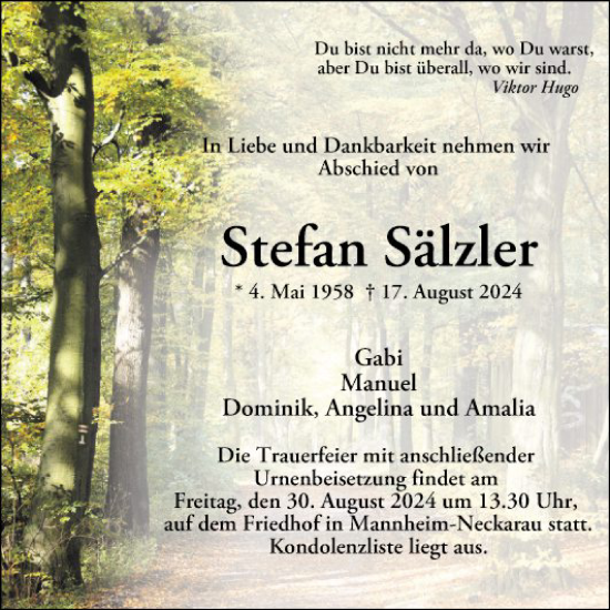 Traueranzeige von Stefan Sälzler von Mannheimer Morgen