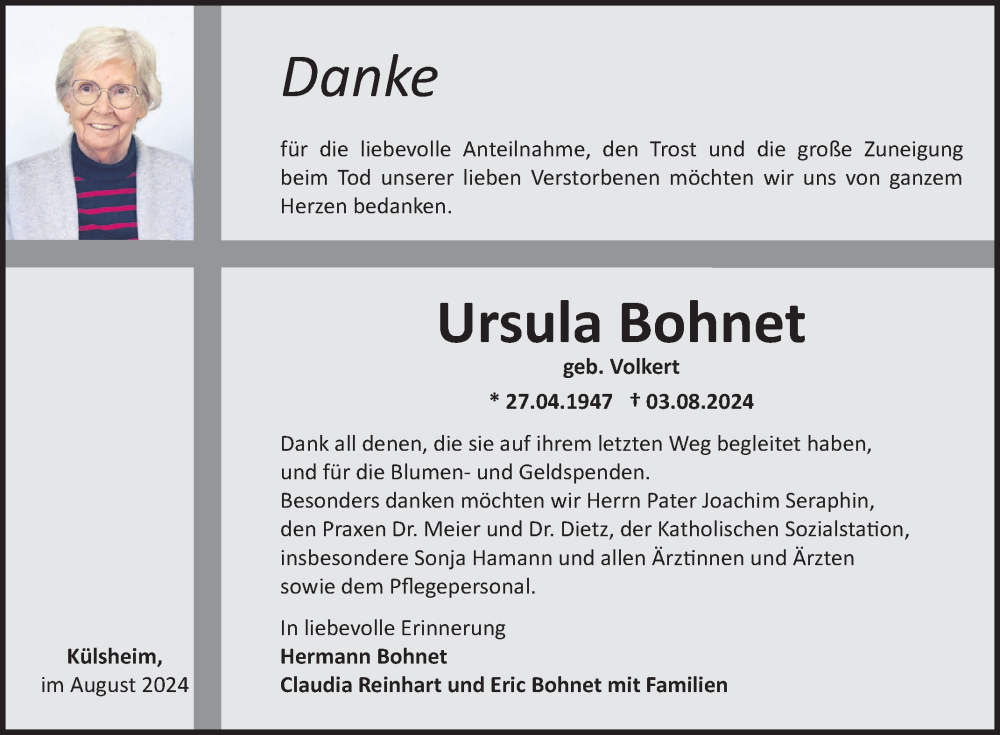  Traueranzeige für Ursula Bohnet vom 31.08.2024 aus Fränkische Nachrichten