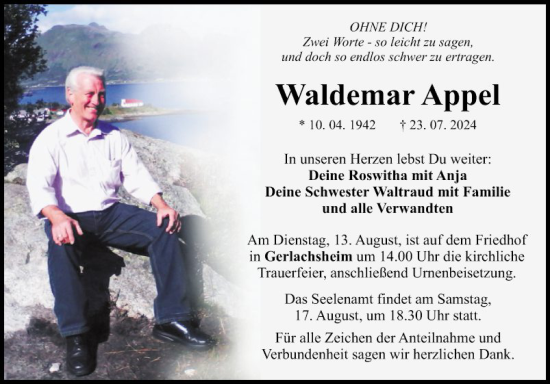 Traueranzeige von Waldemar Appel von Fränkische Nachrichten