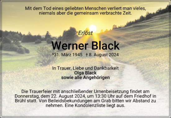 Traueranzeige von Werner Black von Schwetzinger Zeitung