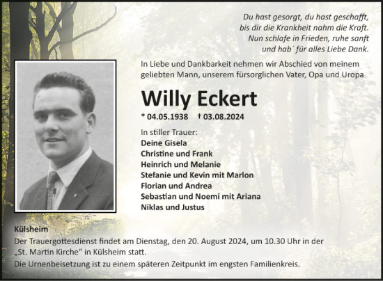 Traueranzeige von Willy Eckert von Fränkische Nachrichten