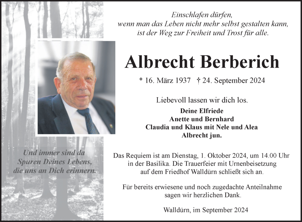  Traueranzeige für Albrecht Berberich vom 28.09.2024 aus Fränkische Nachrichten