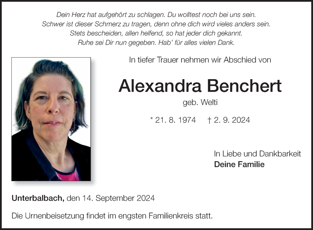  Traueranzeige für Alexandra Benchert vom 14.09.2024 aus Fränkische Nachrichten