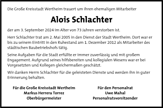 Traueranzeige von Alois Schlachter von Fränkische Nachrichten