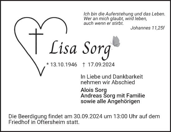 Traueranzeige von Lisa Sorg von Schwetzinger Zeitung