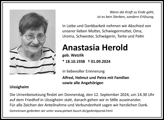 Traueranzeige von Anastasia Herold von Fränkische Nachrichten