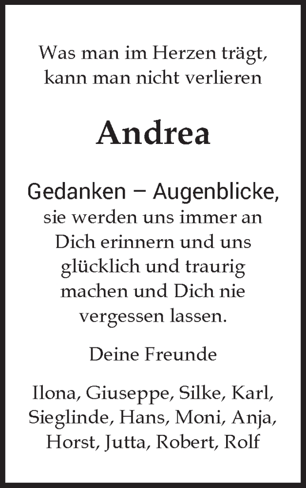  Traueranzeige für Andrea Pers vom 18.09.2024 aus Fränkische Nachrichten