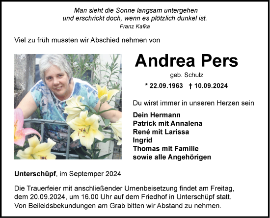 Traueranzeige von Andrea Pers von Fränkische Nachrichten