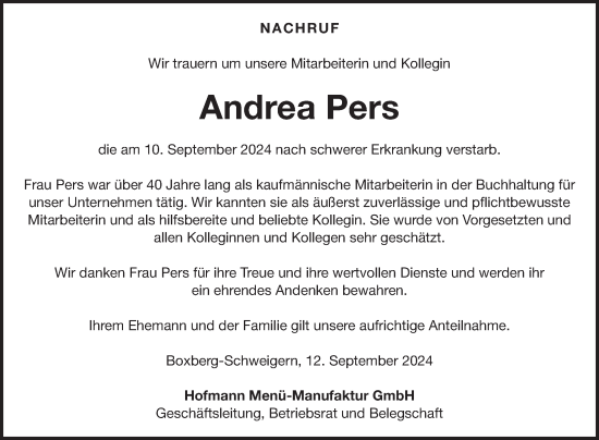 Traueranzeige von Andrea Pers von Fränkische Nachrichten