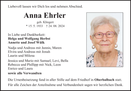 Traueranzeige von Anna Ehrler von Fränkische Nachrichten