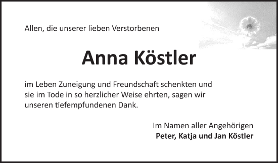 Traueranzeige von Anna Köstler von Fränkische Nachrichten