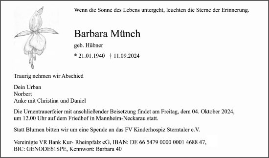 Traueranzeige von Barbara Münch von Mannheimer Morgen