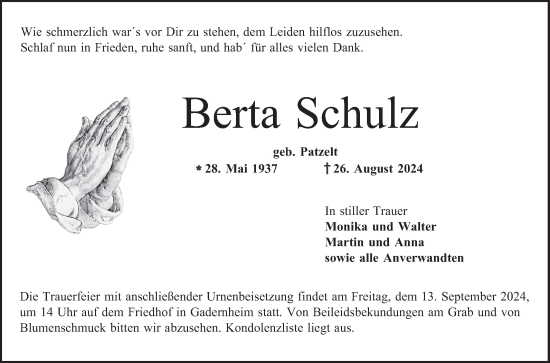 Traueranzeige von Berta Schulz von Bergsträßer Anzeiger