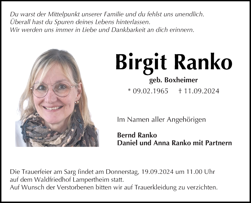  Traueranzeige für Birgit Ranko vom 14.09.2024 aus Mannheimer Morgen