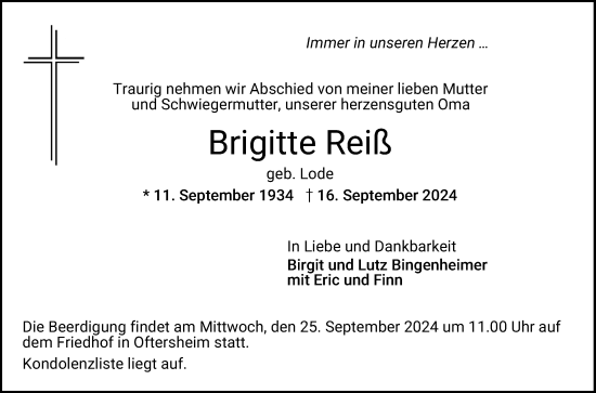 Traueranzeige von Brigitte Reiß von Schwetzinger Zeitung