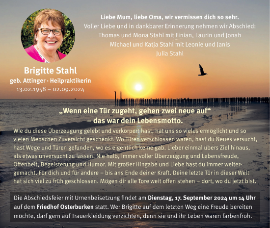 Traueranzeige von Brigitte Stahl von Fränkische Nachrichten