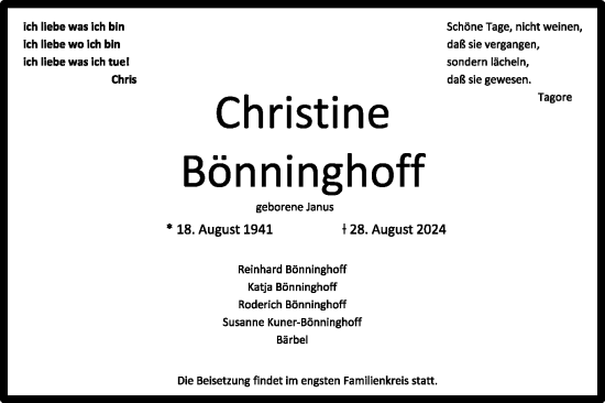 Traueranzeige von Christina Bönninghoff von Mannheimer Morgen