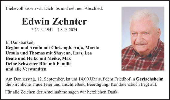 Traueranzeige von Edwin Zehnter von Fränkische Nachrichten