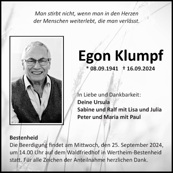 Traueranzeige von Egon Klumpf von Fränkische Nachrichten