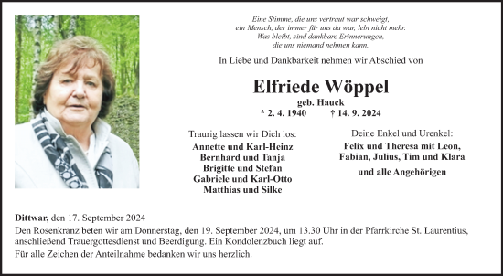 Traueranzeige von Elfriede Wöppel von Fränkische Nachrichten