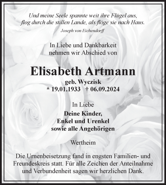 Traueranzeige von Elisabeth Artmann von Fränkische Nachrichten