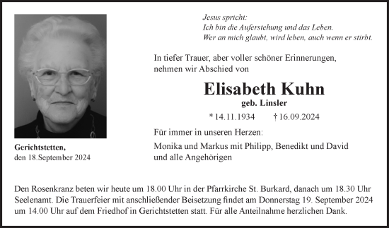 Traueranzeige von Elisabeth Kuhn von Fränkische Nachrichten