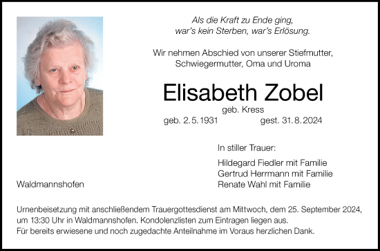 Traueranzeige von Elisabeth Zobel von Fränkische Nachrichten