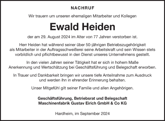 Traueranzeige von Ewald Heiden von Fränkische Nachrichten