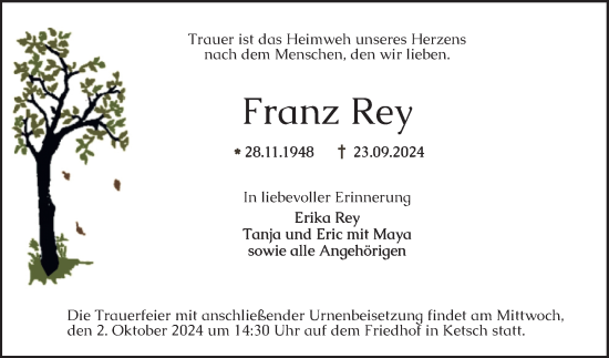 Traueranzeige von Franz Rey von Schwetzinger Zeitung