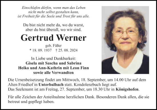 Traueranzeige von Gertrud Werner von Fränkische Nachrichten