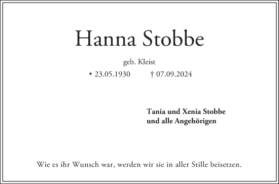 Traueranzeige von Hanna Stobbe von Mannheimer Morgen